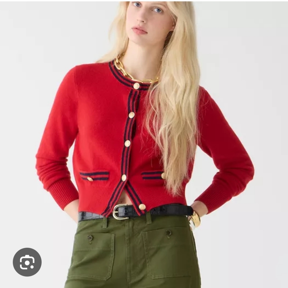 J Crew Cashmere sweater lady jacket with contrast trim Red Blue BX463 Cardigan